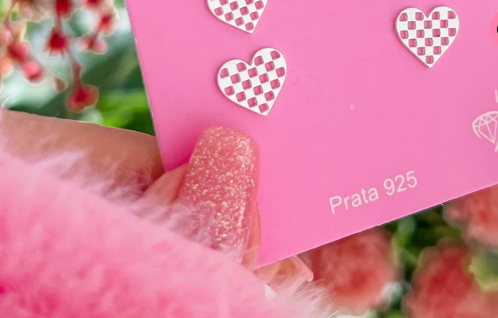 Brinco Coração Xadrez G - Prata 925 Legítima - Ana & Brilho Mineiro