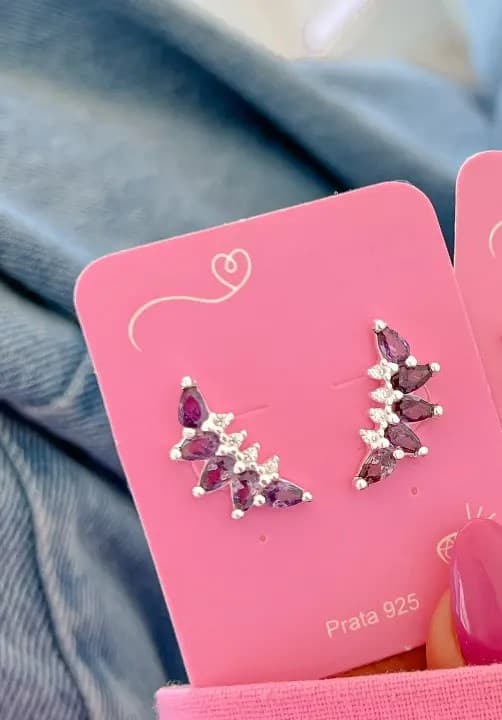 Brinco Gotas 3x5 com Zirconias Lilas - Prata 925 Legítima - Ana & Brilho Mineiro