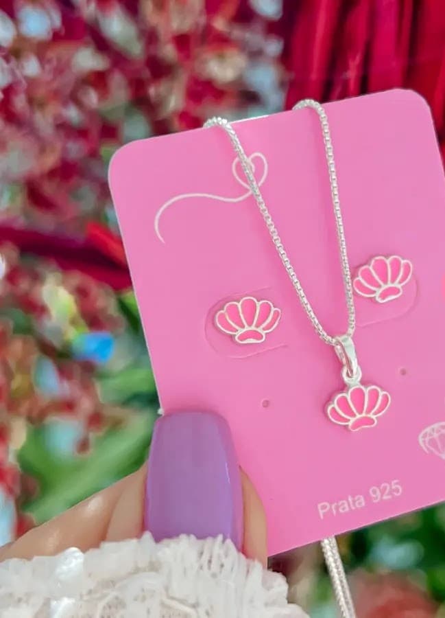 Conjunto: Brinco e Pingente Concha Rosa Tarraxa Baby - Prata 925 Legítima - Ana & Brilho Mineiro