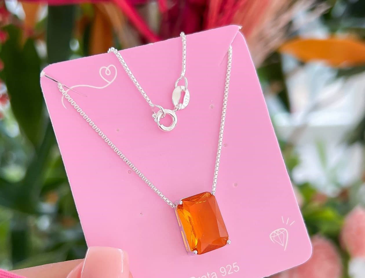 Colar Veneziana com Pedra Laranja - Prata 925 Legítima - Ana & Brilho Mineiro
