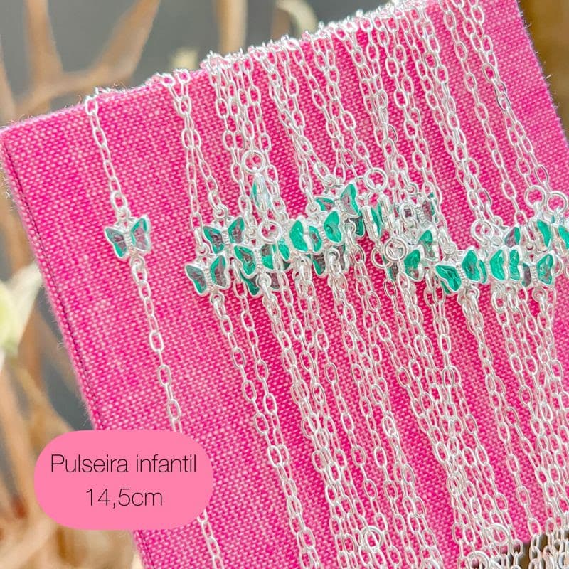 Verde- Pulseira Infantil Borboleta Zircônia Verde - Prata 925 Legítima - Ana & Brilho Mineiro