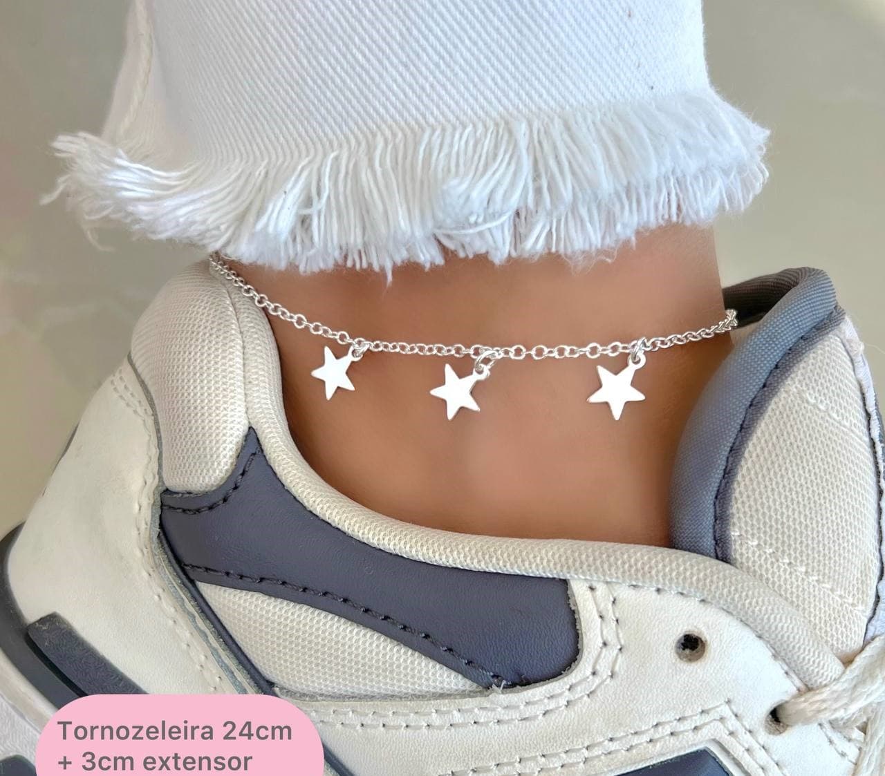 Tornozeleira Três Estrelas Lisas 24 Cm - Prata 925 Legítima - Ana & Brilho Mineiro